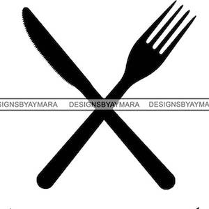 May include: Black and white graphic of a knife and fork crossed. The knife has a serrated edge. The text "DESIGNSBYAYMARA" is repeated three times across the image.