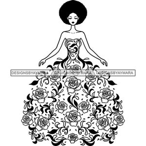 African American Elegant Woman Wearing Bridal Wedding Flower Dress Afro Hairstyle Classy Glamour SVG PNG JPG Cut Cutting Sublimation Designs