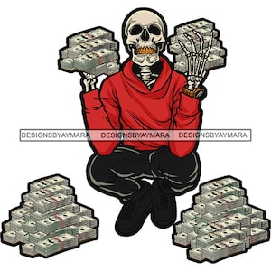 Hustler Skull Man Cartoon Character Money Stacks Bragging Bank Skeleton Death Grind Tattoo SVG PNG JPG Cutting Files Print Cricut Designs