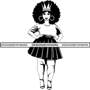 May include: Black and white silhouette of a woman with an afro wearing a crown and a skirt. She is standing with her hands on her hips.