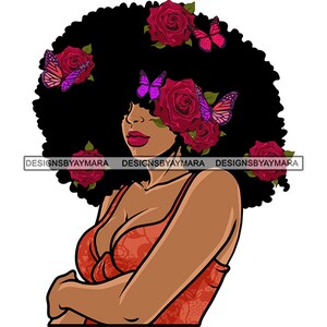 Black Woman Big Kinky Afro Hair Red Flower On Her Hair Melanin Faceless African American Lady Nubian Vector Design SVG PNG JPG Cut Files