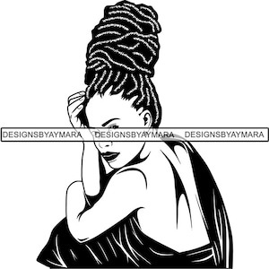 Peut inclure: Illustration en noir et blanc d'une femme avec une coiffure en chignon haut. La femme regarde par-dessus son épaule, le bras posé sur sa tête. Le texte "DESIGNSBYAYMARA" est imprimé sur l'image.