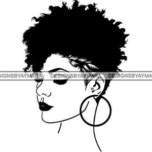 May include: Black and white silhouette of a woman with short, curly hair and a large hoop earring.