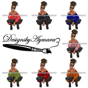 May include: A digital illustration of a woman with brown skin and curly hair wearing different coloured outfits. She is wearing a red, blue, pink, green, orange, and black outfit. The illustration is on a white background with the text "Designsby Aymara" and a paintbrush.