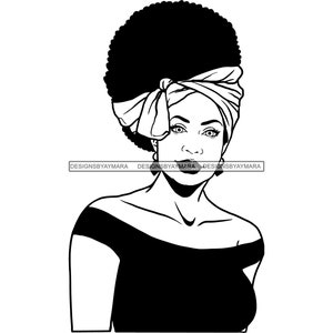 May include: Black and white line art illustration of a woman with an afro hairstyle wearing a headscarf and earrings. She is looking to the right and has a serious expression.