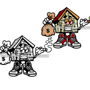 Money House Cartoon Character Holding Money Bag Smoking Cigar Hustler Fashion Sneakers Grind Bank Cash Vector Designs SVG PNG JPG Cut Files