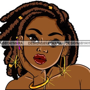 May include: A digital illustration of a Black woman with brown locs, wearing gold hoop earrings and a gold necklace. She is looking to the side with a serious expression.