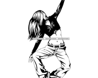 May include: Black and white silhouette of a person dancing. The person is wearing a black shirt, jeans, and has long hair.