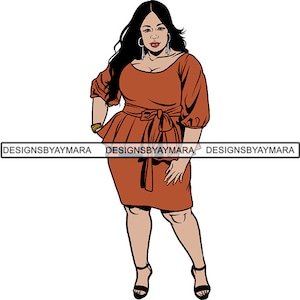 May include: A woman with long black hair is wearing a rust-coloured dress with a cinched waist and a ruffled hem. She is wearing gold earrings and black heels.