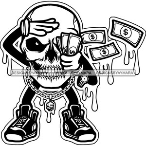 Dripping Skull Man Cartoon Character Throwing Money Cash Bragging Grind Skeleton Death Tattoo SVG PNG JPG Cutting Files Print Cricut Design