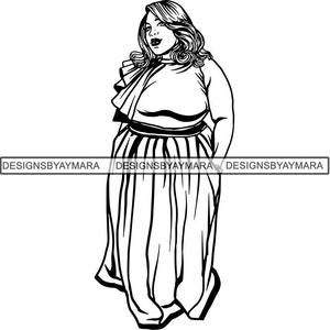 May include: Black and white line art illustration of a woman wearing a long, flowing skirt and a top with a ruffled neckline. She has long hair and is looking to the side.