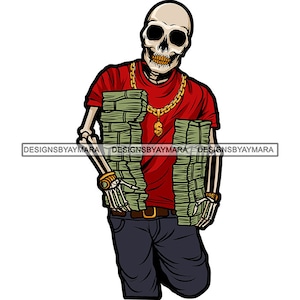 Hustler Skull Man Cartoon Character Carrying Money Stacks Gold Chain Hustle Skeleton Tattoo SVG PNG JPG Cutting Files Print Cricut Designs