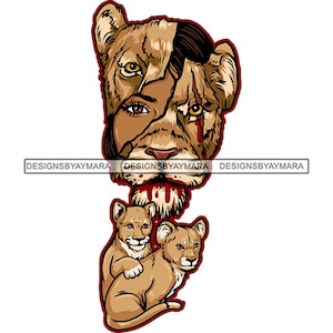 Leeuwin Gezicht Dier Vrouw Ogen Littekens Bloed Krijger Moedige Welpen Moeder Bescherming Moederlijke Tattoo SVG PNG JPG Print Cutting Vector Design
