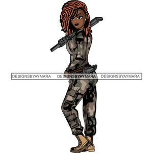 Afro Lola Frau Kriegerin Militär Armee Soldat Camouflage USA Uniform Marine Patriotic SVG JPG PNG Vektor Clipart Cricut Circuit Cut Cut