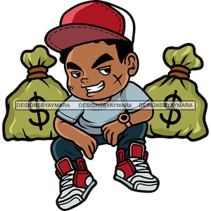 Influencer Teenager Sitzposition Swag Hustler Bad Boy Schleifen Scarface Geld Taschen Baseball Hut Vektor Designs SVG PNG JPG Schneidedateien