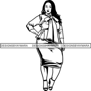 Könnte beinhalten: Schwarz-weiß-Linienzeichnung einer Frau, die ein Oberteil mit Schleife und Rock trägt. Sie steht mit den Händen auf den Hüften.