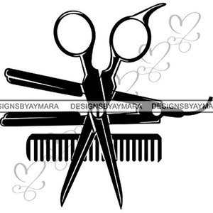 May include: Black and white silhouette of a pair of scissors, a comb, and two hair straighteners. The tools are arranged in a cross shape.