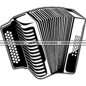 Könnte beinhalten: Eine Schwarzweißillustration eines Akkordeons, einem Musikinstrument mit einem Blasebalg und Tasten.