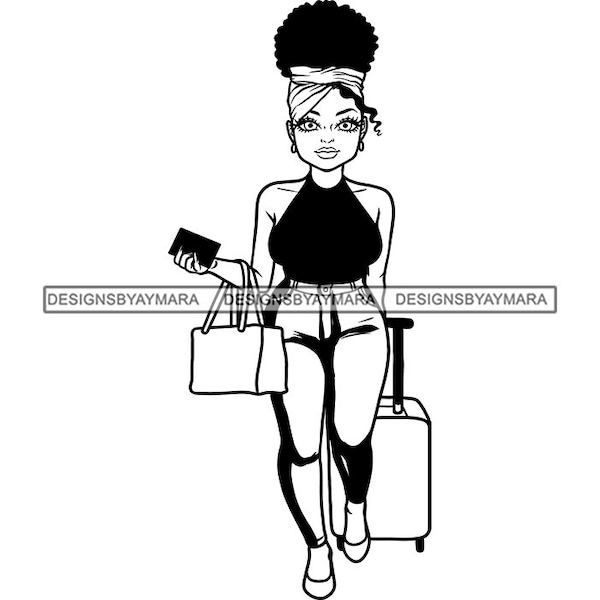 Melanin Woman Going On Vacation Carrying Luggage Passport Travel Traveling Getaway Exploring Adventure SVG PNG JPG Print Cut Vector Designs