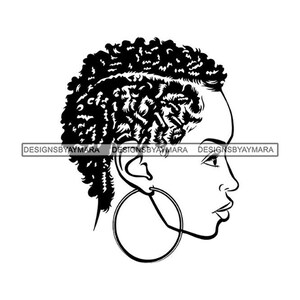 May include: Black and white line art illustration of a woman's face in profile with short, curly hair and large hoop earrings.