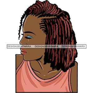 May include: A digital illustration of a woman with brown skin and long, dark brown braids. She is wearing a pink tank top and looking to the side.