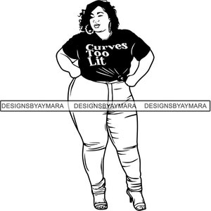 May include: Black and white line art illustration of a person wearing a black t-shirt with the text "Curves Too Lit" and jeans. The person is standing with their hands on their hips.