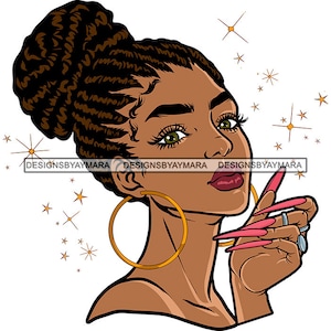 Melanin Woman Portrait Locs Hairstyle Bun Hoops Earrings Long Nails Manicure Feminine Glamour SVG PNG JPG Print Cut Cutting Vector Designs