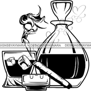 May include: Black and white illustration of a glass of whiskey with ice cubes, a decanter of liquor, and a lit cigar. The image is a stylized representation of a relaxing and enjoyable moment.