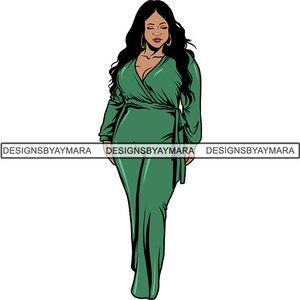 May include: A woman with long black hair is wearing a green jumpsuit with a wrap neckline and long sleeves. She is standing with her arms at her sides and her eyes closed.