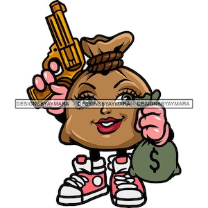 Borsa di soldi carina donna testa cartone animato personaggio tenendo pistola che trasporta borsa banca Hustler grind boss signora vettoriale disegni svg png jpg Cut Files