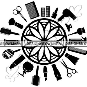 May include: Black and white illustration of a variety of hairdressing tools arranged in a circle around a mandala design. The tools include scissors, combs, hairspray, a hair dryer, and a curling iron.