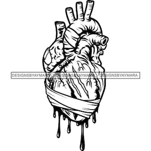Peut inclure: Un dessin au trait noir et blanc d'un cœur humain avec des bandages et du sang qui coule.