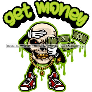 Get Money Skull Mann Cartoon Charakter Geld werfen Geld Grind Tropfen Skelett Tod Tattoo SVG PNG JPG Plotterdatei Druck Cricut Design
