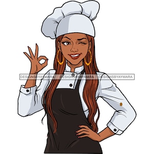 Mulher bonita Chef Culinária Melanina Uniforme Ocupação Cozinhar Trabalho Cozinha Gourment JPG PNG Designs Clipart Cricut Silhueta Corte Corte