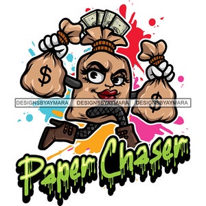 Paper Chaser Hustle Grind Quotes Money Bag Woman Cartoon Character Running Holding Money Bags High Heels Vector Design SVG PNG JPG Cut Files