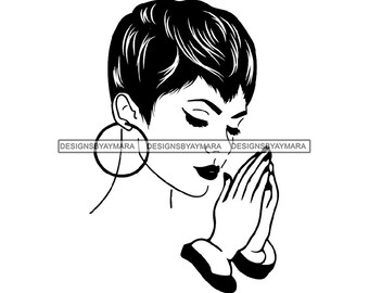 Afro Woman Praying Begging Asking Ask Meditation Pray Prayers God Lord Faith Religion SVG .JPG.PNG Vector Clipart Cricut Circuit Cut Cutting