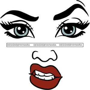 Puede incluir: Una ilustración en blanco y negro de la cara de una mujer con el ceño fruncido, la boca hacia abajo y los ojos azules. Los labios de la mujer son rojos.