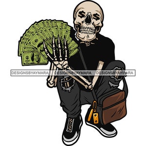 Hustler Skull Man Personagem de desenho animado segurando dinheiro se gabando Grind Skeleton Death Tattoo SVG PNG JPG Corte de arquivos Imprimir Cricut Designs