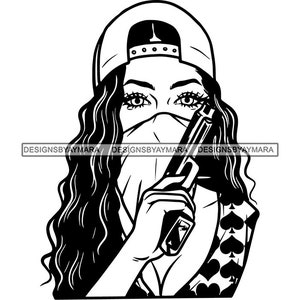 May include: Black and white illustration of a woman wearing a baseball cap and a face mask, holding a gun. She has long, wavy hair and is wearing a shirt with a spade pattern.