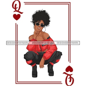 May include: A queen of hearts playing card illustration featuring a woman with dark curly hair wearing sunglasses, a red jacket, and black pants. The card is framed with a red border.