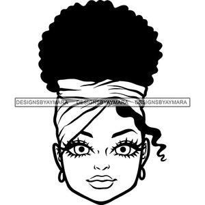 Beautiful African Melanin Woman Portrait Messy Bun Hair Turban Big Eyes Cosmetic Female Feminine SVG PNG JPG Print Cutting Vector Designs