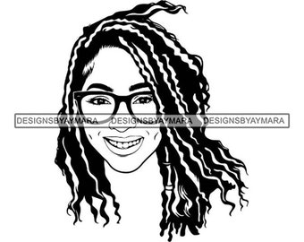 May include: Black and white line art illustration of a woman with long curly hair wearing glasses and smiling.