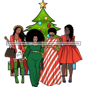 Presentes de Natal Celebração Amigos Família Juntos Inverno Árvore Moda Mulher Melanina SVG JPG PNG Designs Clipart Cricut Silhueta Corte