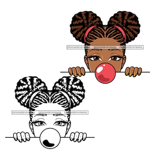 Black Baby Girl Peeking Peek a Boo Afro Puff Pferdeschwanz Haarblasen Kaugummi Bezaubernd niedlich Melanin Mädchen Magie Vektor Designs SVG PNG JPG Cut Files