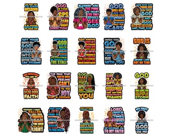 Op de afbeelding: Een verzameling van 16 kleurrijke digitale illustraties met zwarte vrouwen en inspirerende citaten over geloof, hoop en doorzettingsvermogen. De citaten omvatten zinnen als "God is je persoonlijke GPS", "De pijn die je hebt gevoeld kan niet worden vergeleken met de vreugde die komt", en "God bereidt je voor".