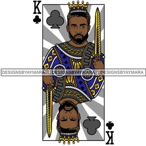 May include: A playing card illustration of the King of Clubs. The card features a black man with a beard and a crown, wearing a blue and gold robe, holding a sword. The card is set against a gray and white background with a sunburst pattern.