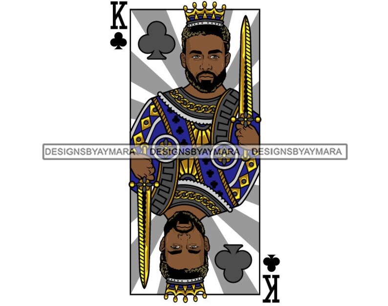 May include: A playing card illustration of the King of Clubs. The card features a black man with a beard and a crown, wearing a blue and gold robe, holding a sword. The card is set against a gray and white background with a sunburst pattern.