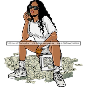 Melanin Woman Swag Sitting Box Money Floor Bragging Dark Glasses Boss Lady Grinding Curly Hair Hustling SVG PNG JPG Cut Files Print Designs
