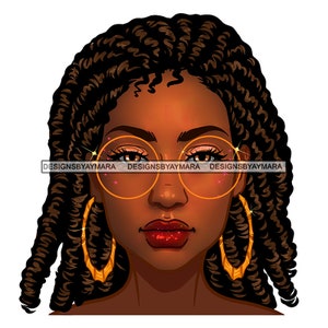 Schöne Melanin Frau Porträt Runde Mode Sonnenbrille Creolen Ohrringe Schwester Locs Dreads Zöpfe Haar PNG JPG Schneiden Sublimation Designs