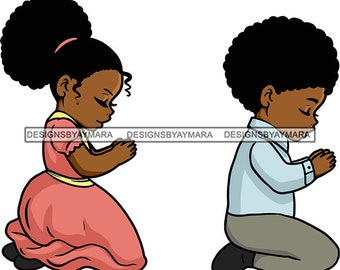 Black Kids Praying God Lord Prayers Pray Girl Boy Kneeling Child African American SVG JPG PNG Jpg Vector Clipart Cricut Silhouette Cutting